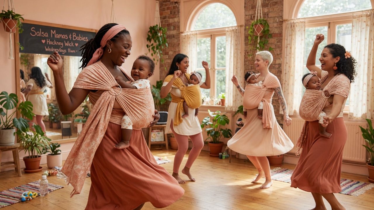 Joyful mothers dancing with babies in soft carriers to Latin music at RealMama Baby Dance in London